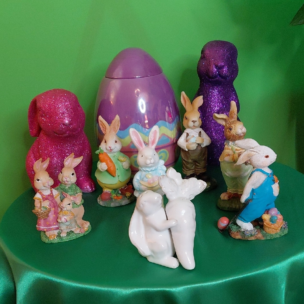 Easter Bunny Figurine Set with Pastel Purple Egg Accent
